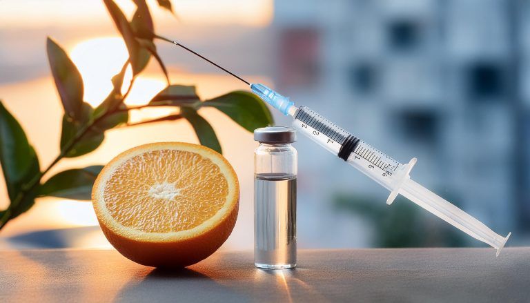 Jeringa y vial para terapia intravenosa de vitamina C junto a una naranja.