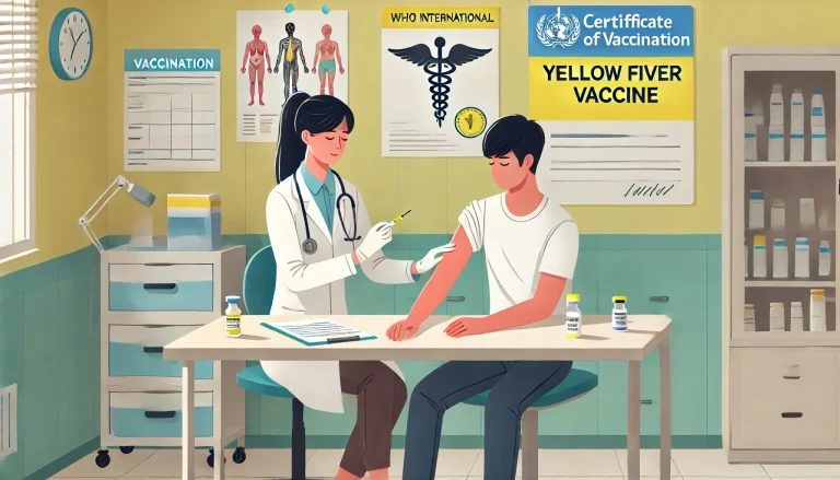 Paciente vacunándose contra la fiebre amarilla con certificado de la OMS.