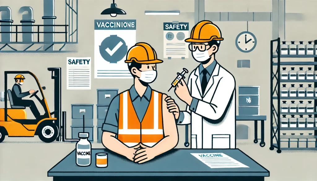 Trabajador industrial recibiendo una vacuna para la salud y seguridad en el trabajo.
