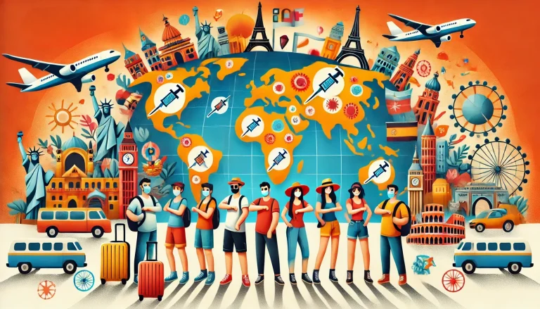 Grupo de viajeros vacunados y listos para visitar destinos internacionales.