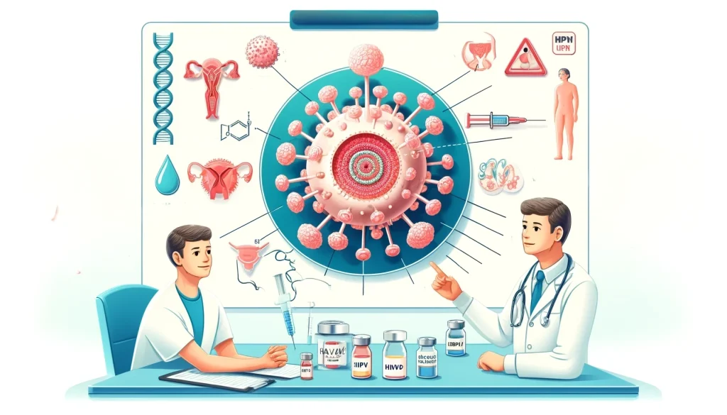 Un doctor explica a un paciente los detalles del Virus del Papiloma Humano (VPH) en una consulta, con gráficos y frascos de vacunas visibles en la mesa y un diagrama del virus en el fondo.