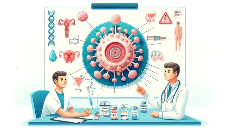 Un doctor explica a un paciente los detalles del Virus del Papiloma Humano (VPH) en una consulta, con gráficos y frascos de vacunas visibles en la mesa y un diagrama del virus en el fondo.